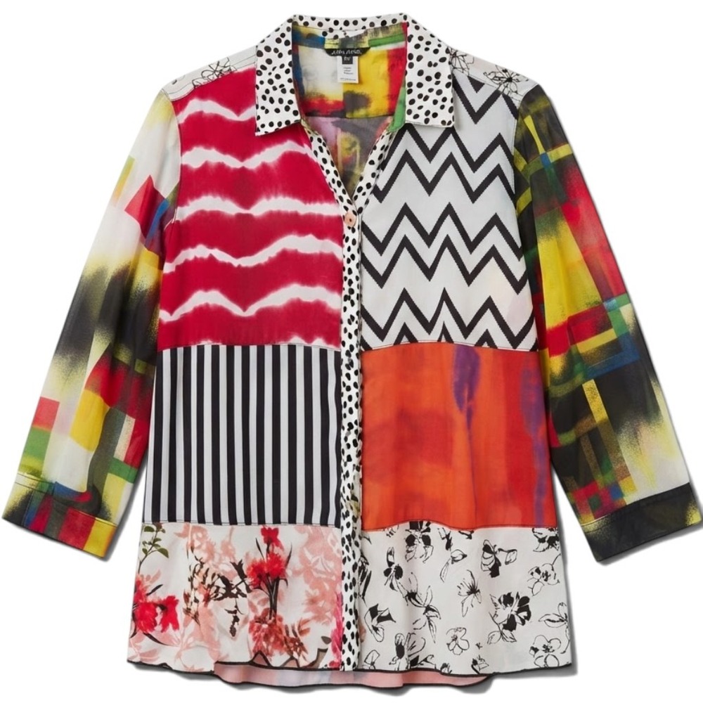 John Mark Blouse Womens XL Mixed Print Patchwork Multicolor Ruffle Hem EUC